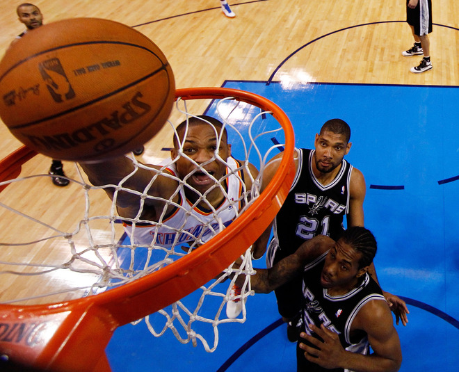 Russell Westbrook #0 Of The Oklahoma City Thunder Dunks