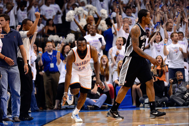 James Harden #13 Of The Oklahoma City Thunder Reacts