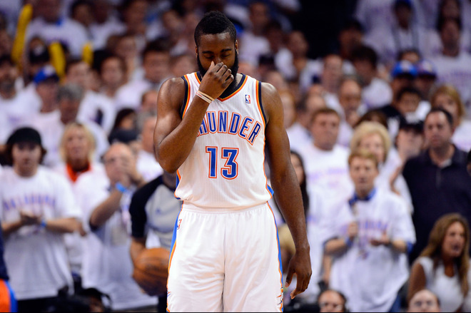 James Harden #13 Of The Oklahoma City Thunder Reacts