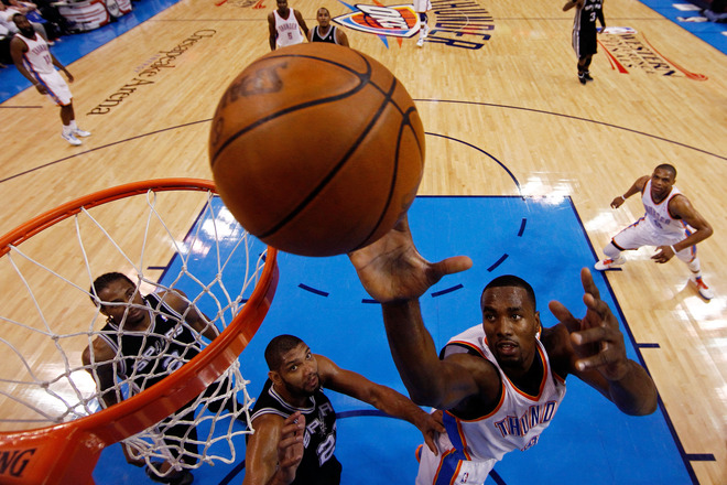 Serge Ibaka #9 Of The Oklahoma City Thunder Goes