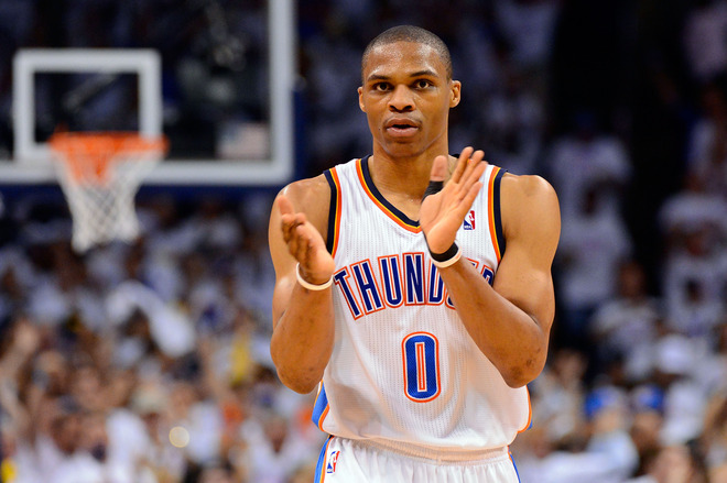 Russell Westbrook #0 Of The Oklahoma City Thunder Reacts