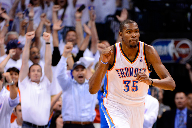 Kevin Durant #35 Of The Oklahoma City Thunder Reacts
