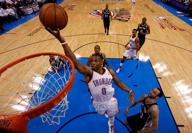 Russell Westbrook #0 Of The Oklahoma City Thunder Goes