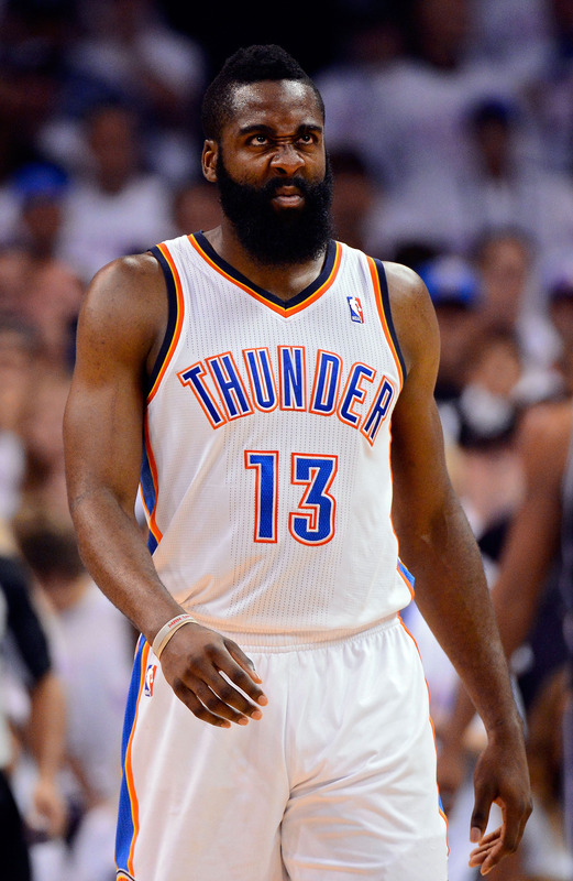 James Harden #13 Of The Oklahoma City Thunder Reacts