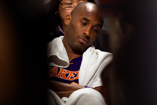 Kobe Bryant #24 Of The Los Angeles Lakers Reacts