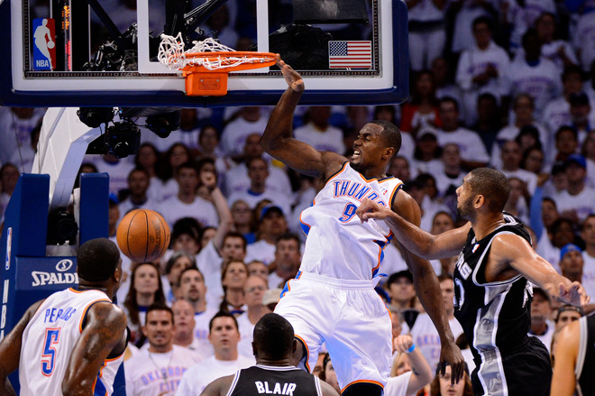 Serge Ibaka #9 Of The Oklahoma City Thunder Dunks