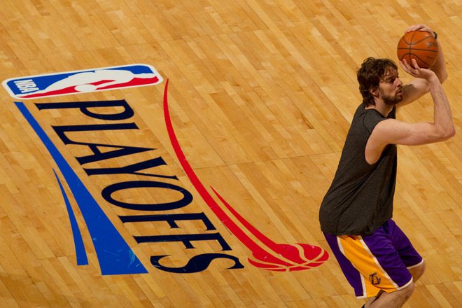 Pau Gasol #16 Of The Los Angeles Lakers Warms