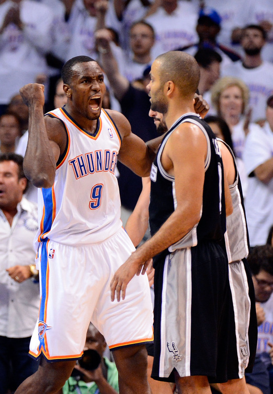 Serge Ibaka #9 Of The Oklahoma City Thunder Reacts