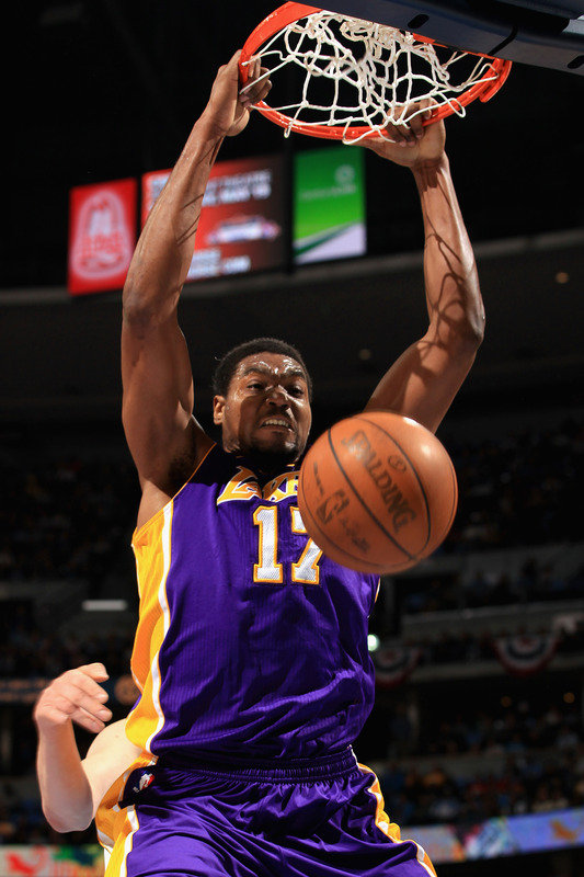Andrew Bynum #17 Of The Los Angeles Lakers Dunks