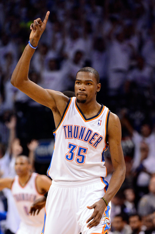 Kevin Durant #35 Of The Oklahoma City Thunder Gestures