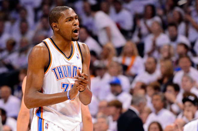 Kevin Durant #35 Of The Oklahoma City Thunder Reacts