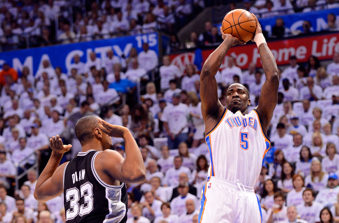 Kendrick Perkins #5 Of The Oklahoma City Thunder Shoots