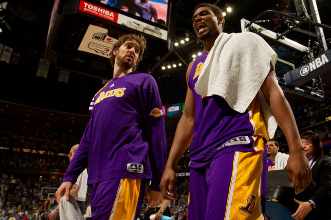 Andrew Bynum #17 Of The Los Angeles Lakers And Pau Gasol #16 React As