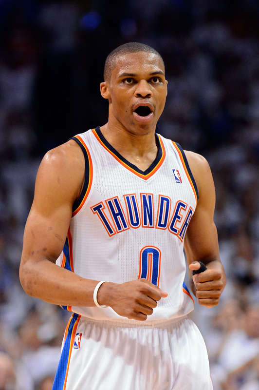Russell Westbrook #0 Of The Oklahoma City Thunder Reacts