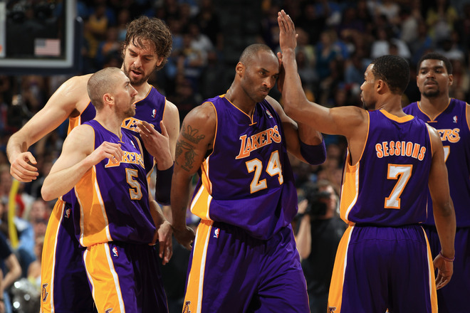 Steve Blake #5, Pau Gasol #16, Kobe Bryant # 24, Ramon Sessions #7 And Andrew Bynum #17 Of The Los Angeles Lakers