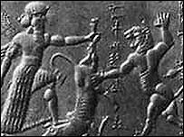 King Gilgamesh, commemorated in stone, kills a lion