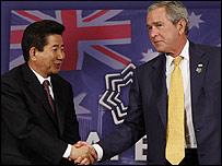 South Korean President Roh Moo-hyun and US President George W Bush shake hands on sidelines of Apec - 07/09/07 