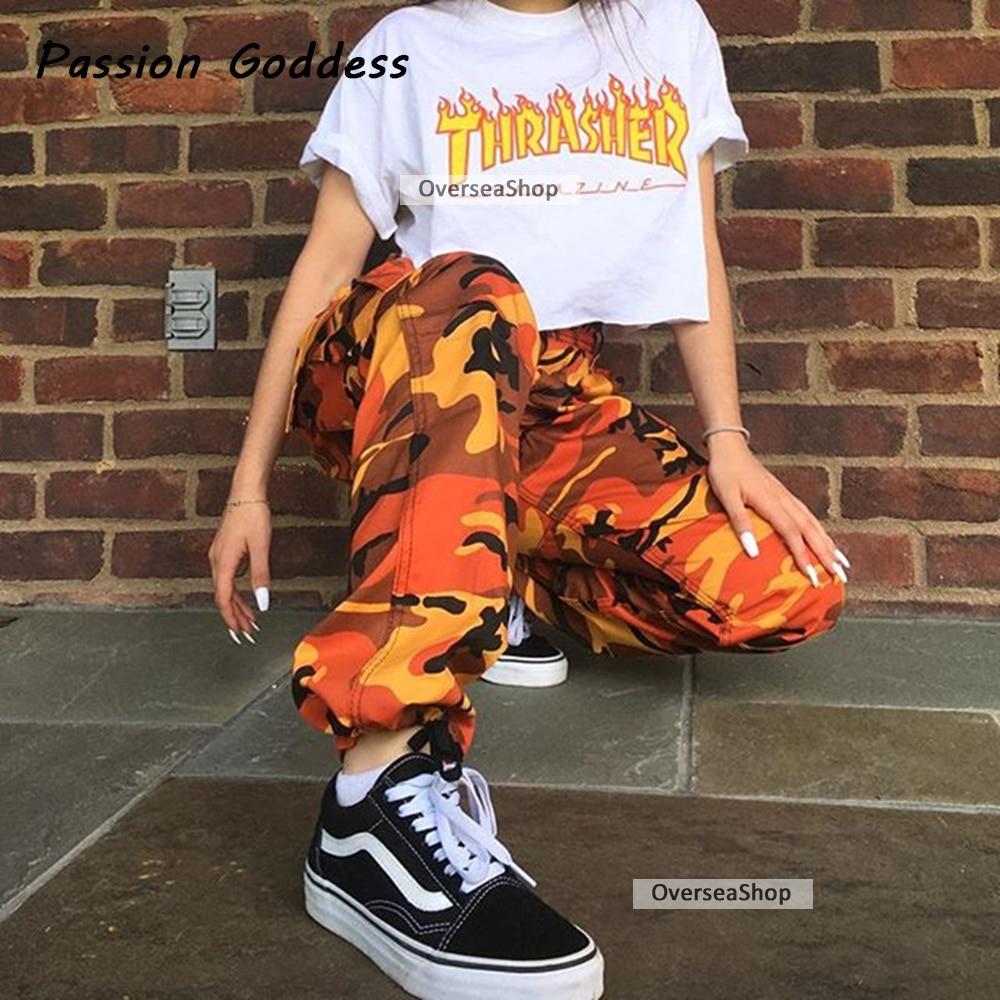 Pantalon 팜므 느슨한 섹시한 바지 여성 위장 펑크 바지 핑크 카모 오렌지 퍼플 핑크 스웨트 팬츠 힙합 댄스 헐렁한 바지 : 오버씨샵