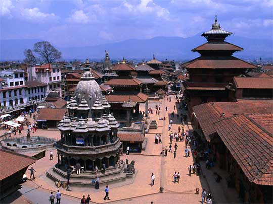  View of Durbar Square with octagonal Krishna Temple in foreground