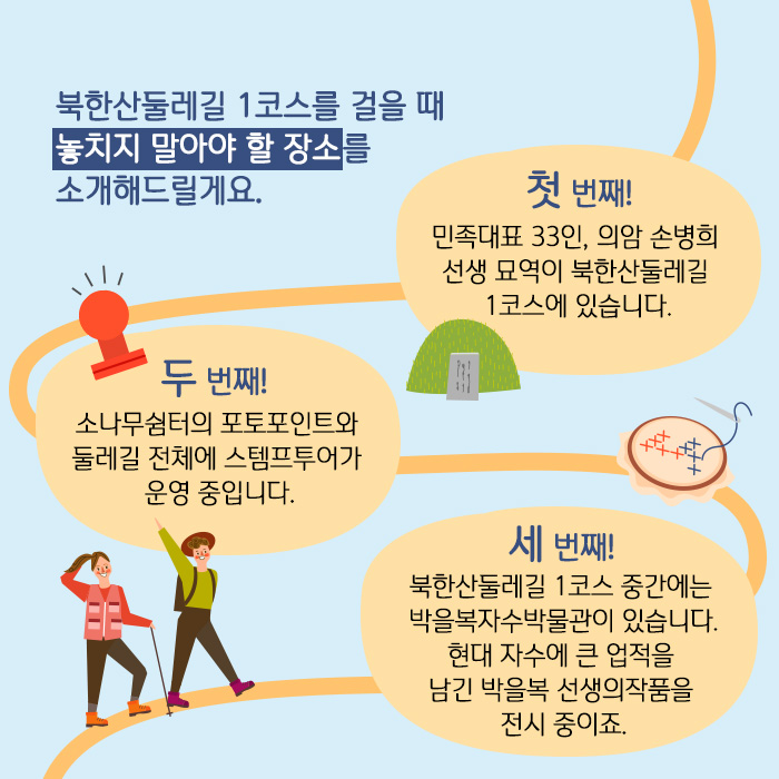 북한산둘레길 1코스를 걸을 때 놓치지 말아야 할 장소를 소개해드릴게요.