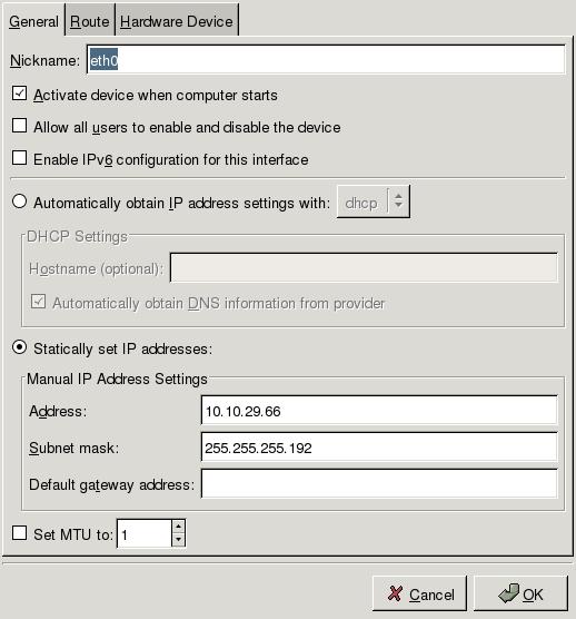 setup IP address, netmask, default gateway and other properties