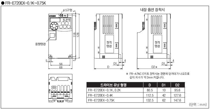 드라이브 유닛 외형 치수도(FR-E720EX-0.1K,FR-E720EX-0.2K,FR-E720EX-0.4K,FR-E720EX-0.75K