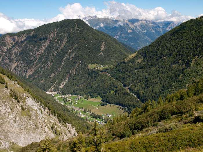 Trient (4268 ft) and Col de La Forclaz (5017 ft) in the valley below Trient (4268 ft) and Col de La Forclaz (5017 ft) in the valley below