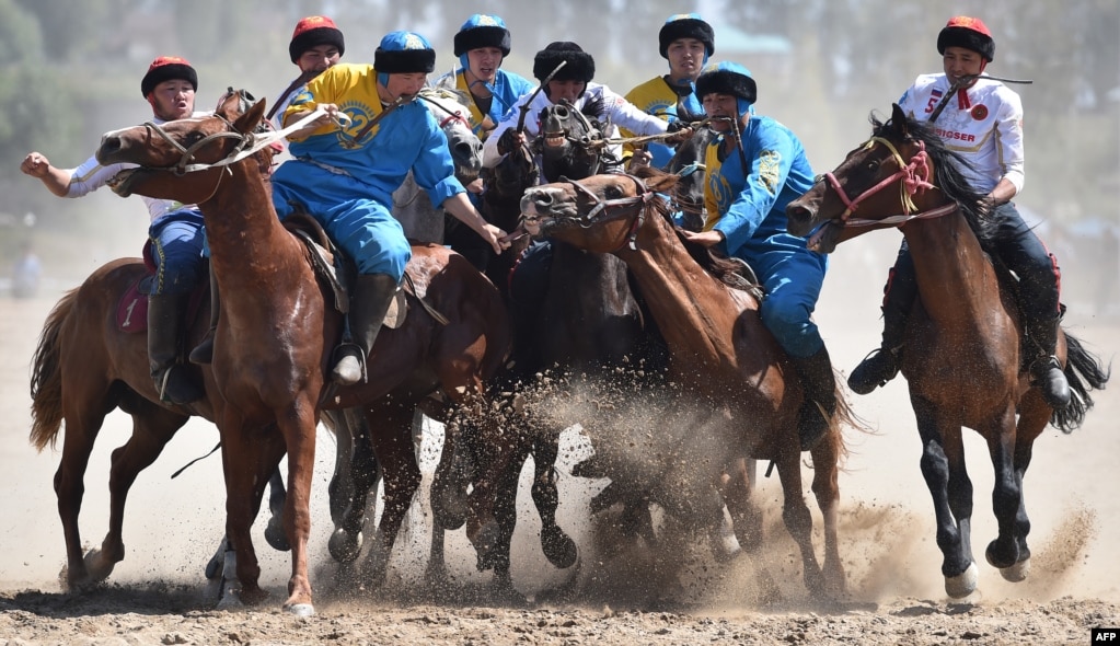 키르기스스탄 촐폰-아타에서 열린 세계 유목민 스포츠대회에서 러시아(흰색)와 카자흐스탄(파란색) 선수들이 중앙아시아 전통 스포츠인 '콕바르' 경기를 벌이고 있다.