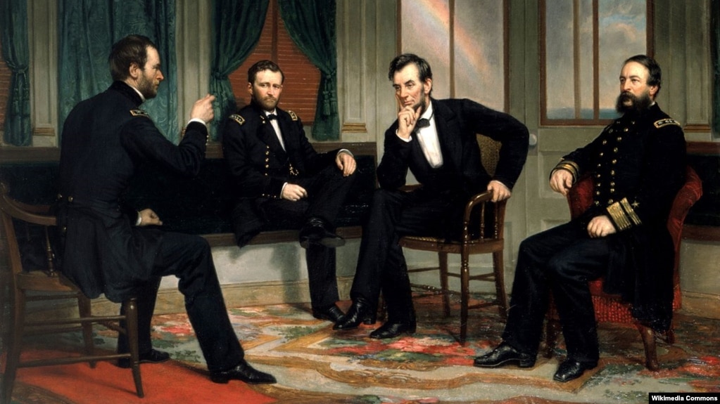 미국 16대 에이브러햄 링컨 대통령(오른쪽 두번째)이 게티스버그 전투에서 승리한 후 참모들과 대화하고 있다.