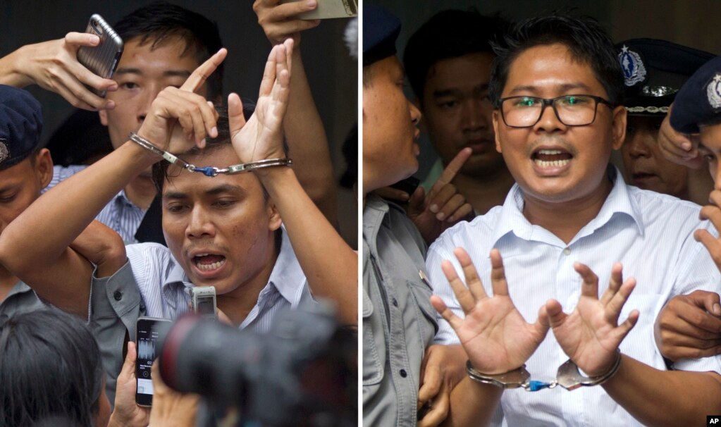 로이터통신 소속 초 소에 우(왼쪽) 기자와 와 론 기자가 3일 미얀마 양곤 법원에서 '공직 비밀법' 위반 혐의로 징역 7년 형을 선고받았다. 와 론 기자는 판결 직후 자신은 아무 잘못도 하지 않았다며 공소 사실을 전면 비난했다.
