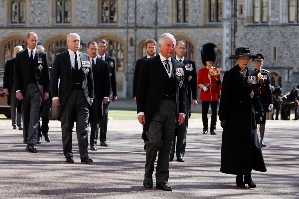 Princess Anne, Princess Royal, Prince Charles, Prince of Wales, Prince Andrew, Duke of York, Prince Edward, Earl of Wessex, Prince William, Duke of Cambridge, Peter Phillips, Prince Harry, Duke of Sussex, Earl of Snowdon David Armstrong-Jones and Vice-Admiral Sir Timothy Laurence follow Prince Philip, Duke of Edinburgh's coffin during the Ceremonial Procession during the funeral of Prince Philip, Duke of Edinburgh at Windsor Castle data-on April 17, 2021