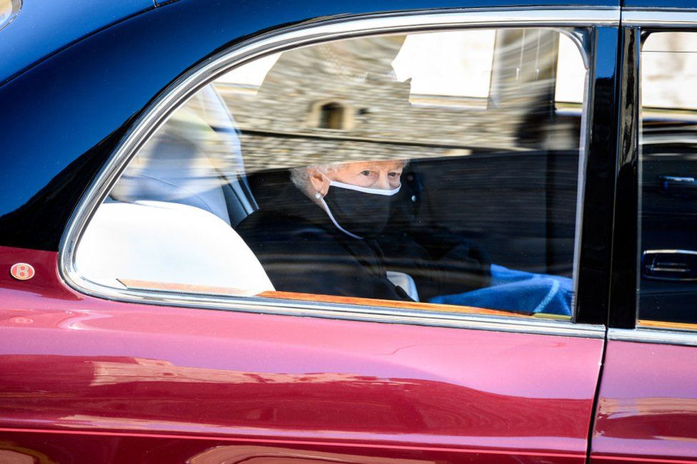 Queen Elizabeth II during the funeral of Prince Philip, Duke of Edinburgh at Windsor Castle data-on April 17, 2021 in Windsor, England.