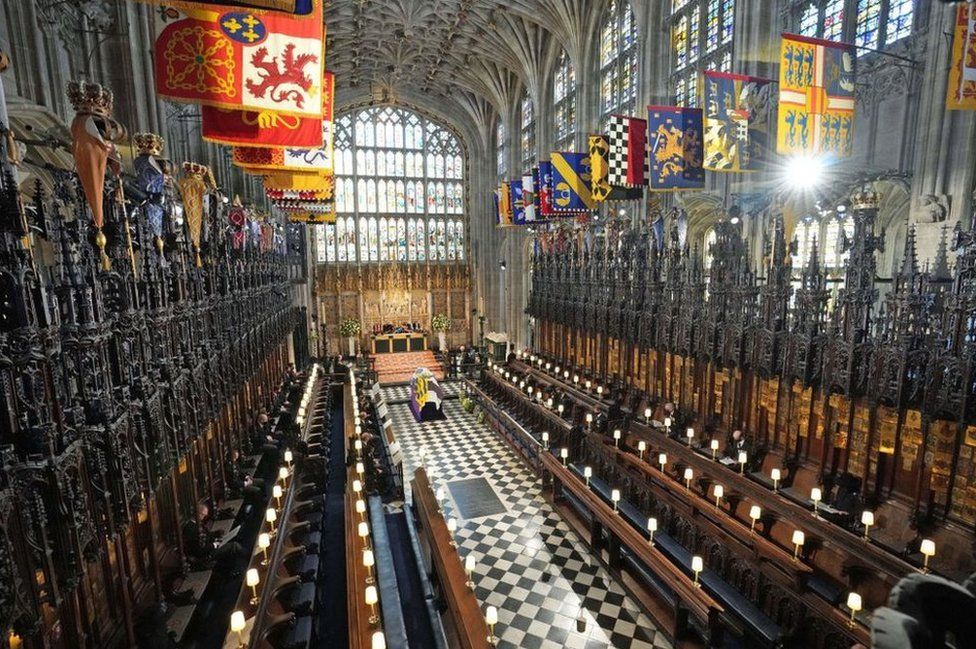 Members of the Royal family attend the funeral service of Britain's Prince Philip, Duke of Edinburgh inside St George's Chapel in Windsor Castle in Windsor, west of London, data-on April 17, 2021.