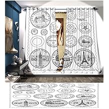Littletonhome Travel Patterned Drape For Glass Door Stamps from All Over the World Historical Landmarks Tourist Attraction European Waterproof Window Curtain Black White