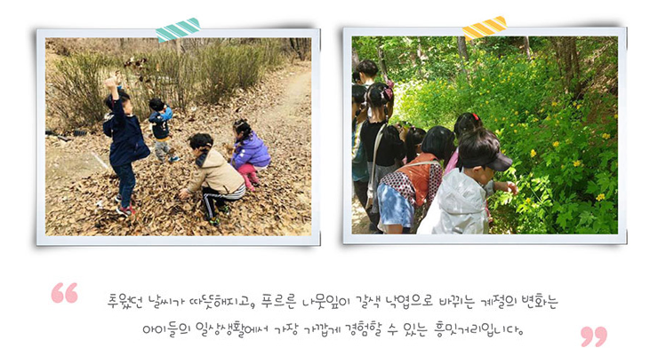 추웠던 날씨가 따뜻해지고, 푸르른 나뭇잎이 갈색 낙엽으로 바뀌는 계절의 변화는 아이들의 일상생활에서 가장 가깝게 경험할 수 있는 흥밋거리입니다.