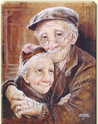 Dianne Dengel Side By Side - painting of elderly couple embracing, sepia colors♥: 