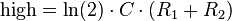 \mathrm{high} = \ln(2) \cdot C \cdot (R_1 + R_2)