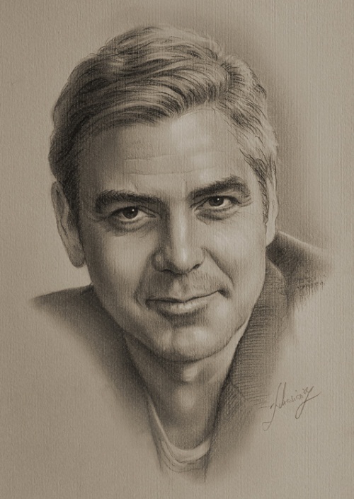 Hollywood star George Clooney. Pencil portrait by Krzysztof Lukasiewicz