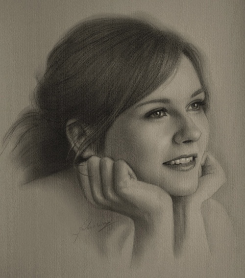Film actress Kirsten Dunst. Pencil portrait by Polish Illustrator Krzysztof Lukasiewicz