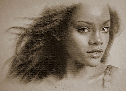 Barbadian singer Rihanna. Pencil portrait by Polish Illustrator Krzysztof Lukasiewicz