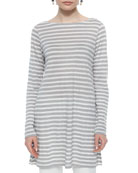 Long-Sleeve Cruise Striped Linen Tunic, Silver Long-Sleeve Cruise Striped Linen Tunic, Silver