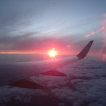 비행기에서 찍은 일출 사진 이미지