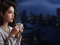 고요한 밤 창가에서 커피한..