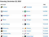 11/22 토요일 경기 일정 ..