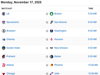 11/17 월요일 경기 일정 ..