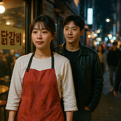 닭갈비집 앞 — 고추장 앞치마와 흰 투피스 썸네일