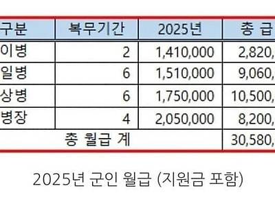 2025년 대한민국 군인 월급