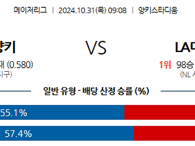 10월 31일 MLB 뉴욕양키스 LA다저스 해외야구분석 무료중계 스포츠분석