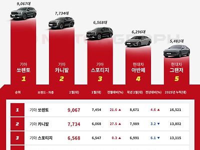 '최신' 국산 자동차 판매량 순위