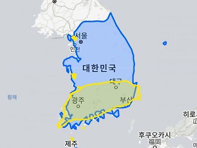 한국, 일본, 대만 면적 비교 